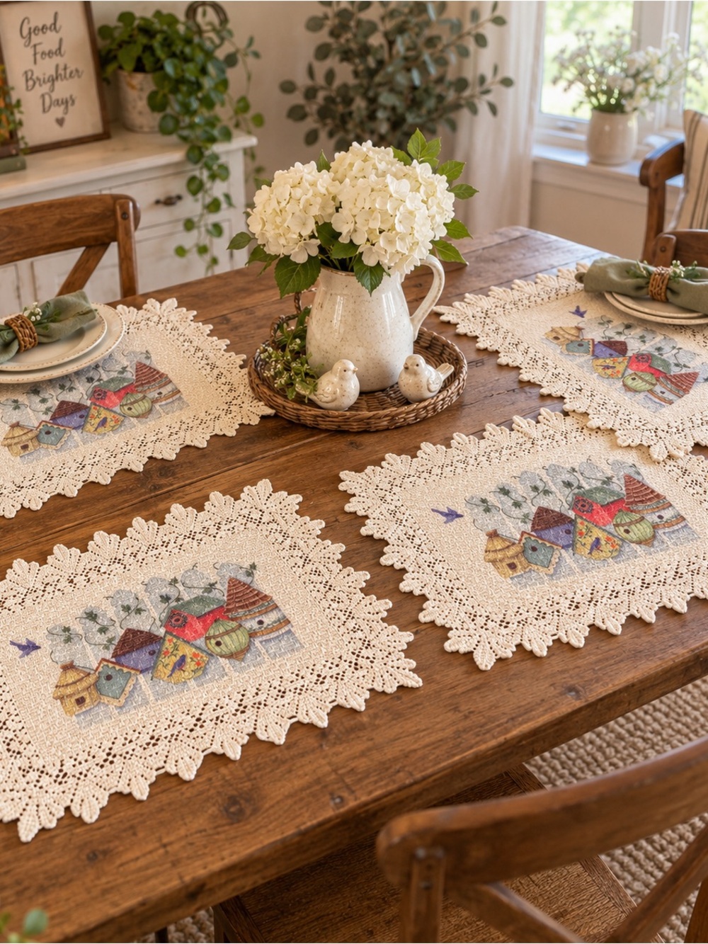 Set of 4 Birdhouse Placemats Crochet Lace Cottagecore Birds Vintage Style 21x14